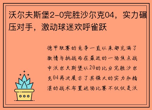 沃尔夫斯堡2-0完胜沙尔克04，实力碾压对手，激动球迷欢呼雀跃