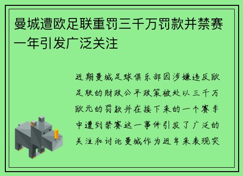 曼城遭欧足联重罚三千万罚款并禁赛一年引发广泛关注